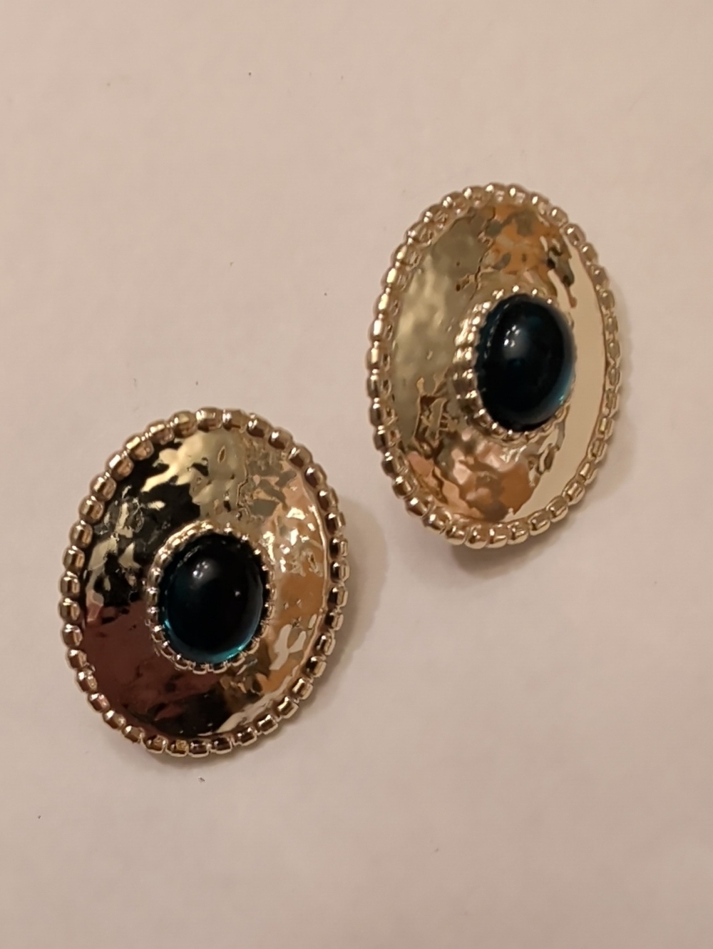 Gold-Tone Oval Earrings with Green Cabochon Center - Women Jewelry